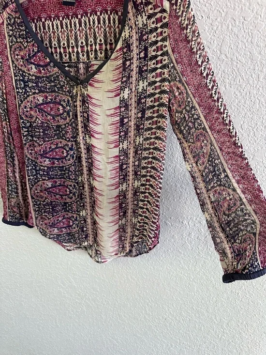 Lucky Brand Boho Peasant Blouse Mixed Print Paisley Sheer Festival Top XS - Picture 3 of 9